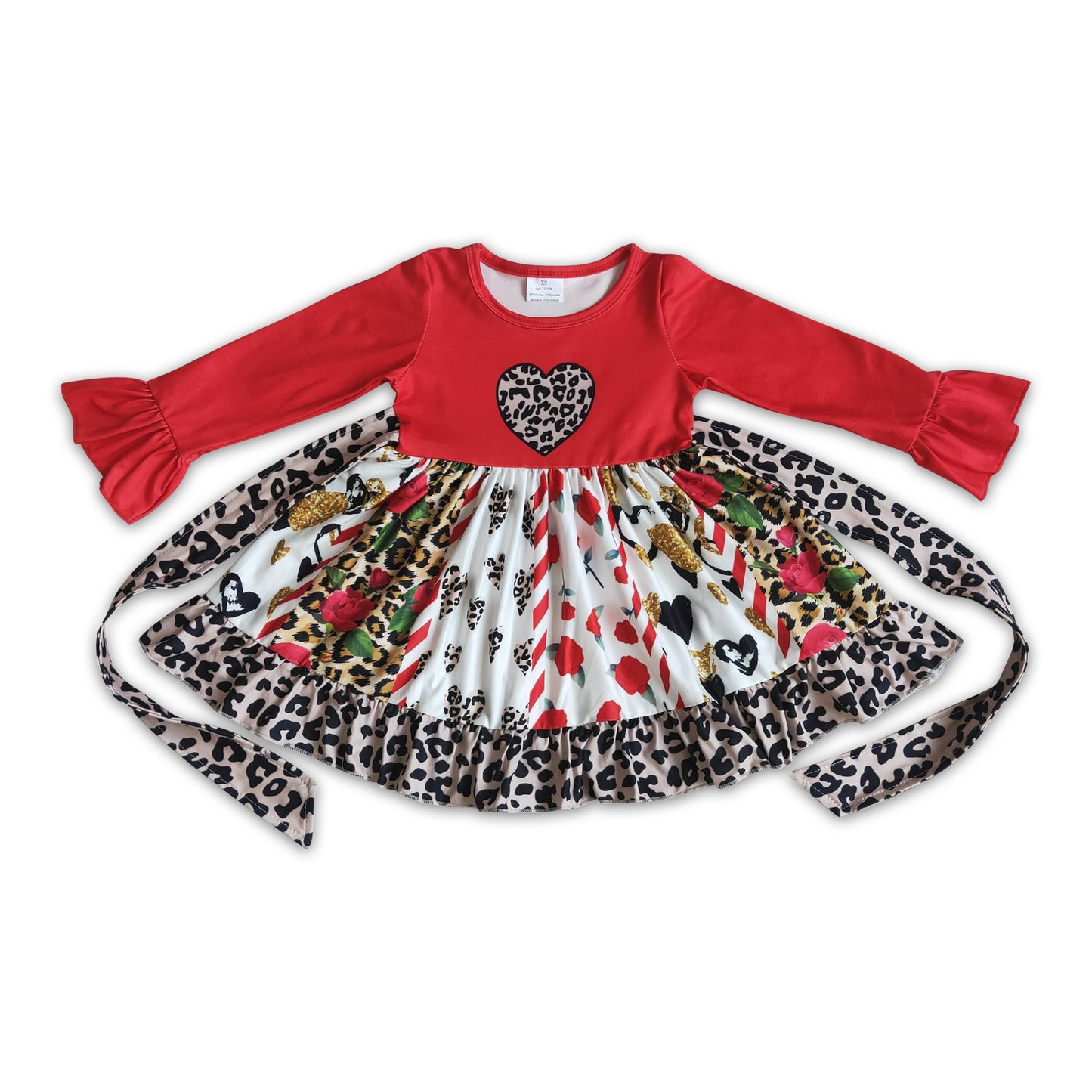 Leopard heart print panel twirl baby girls valentine's dresses