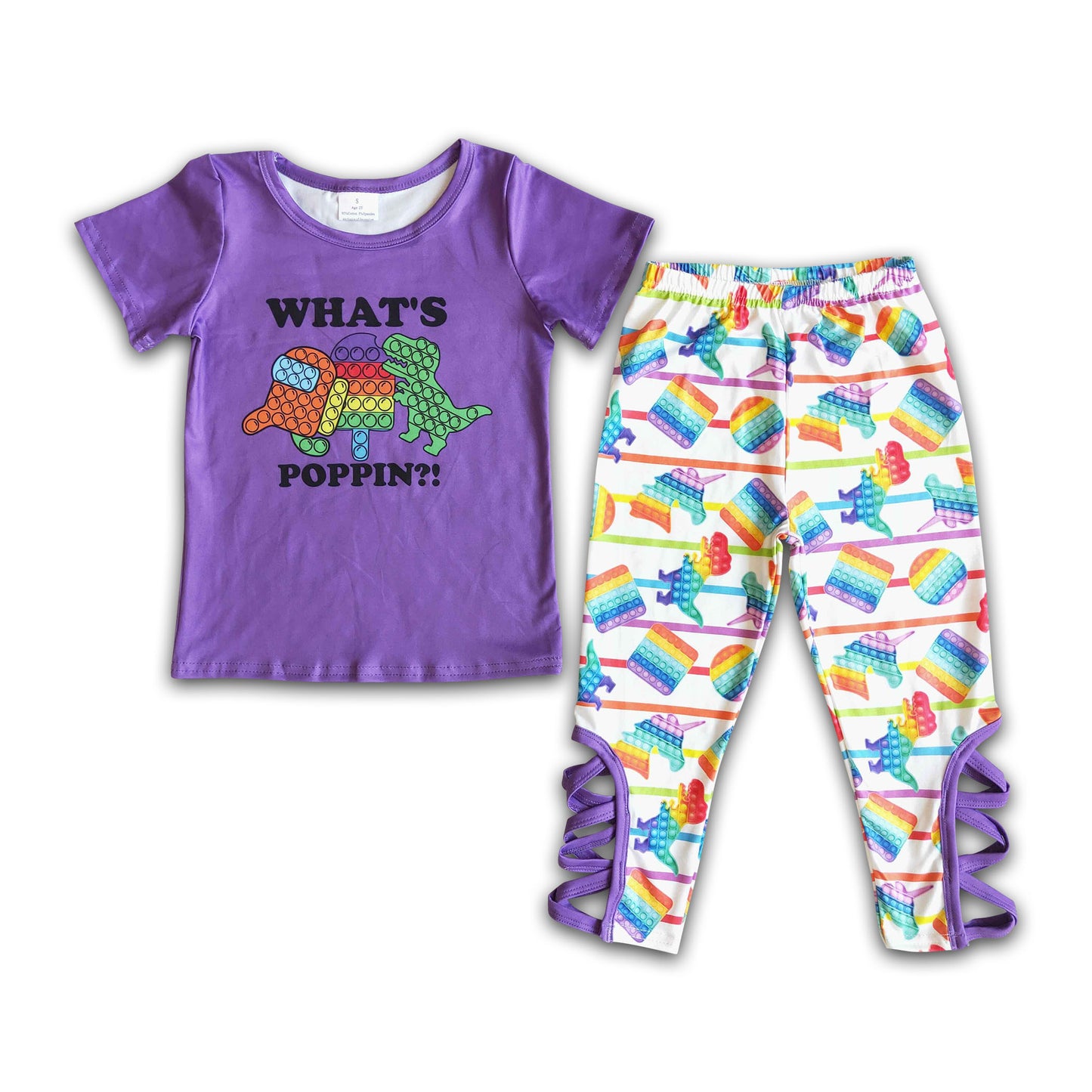 What's popin purple shirt dinosaur unicorn criss cross leggings girls outfits