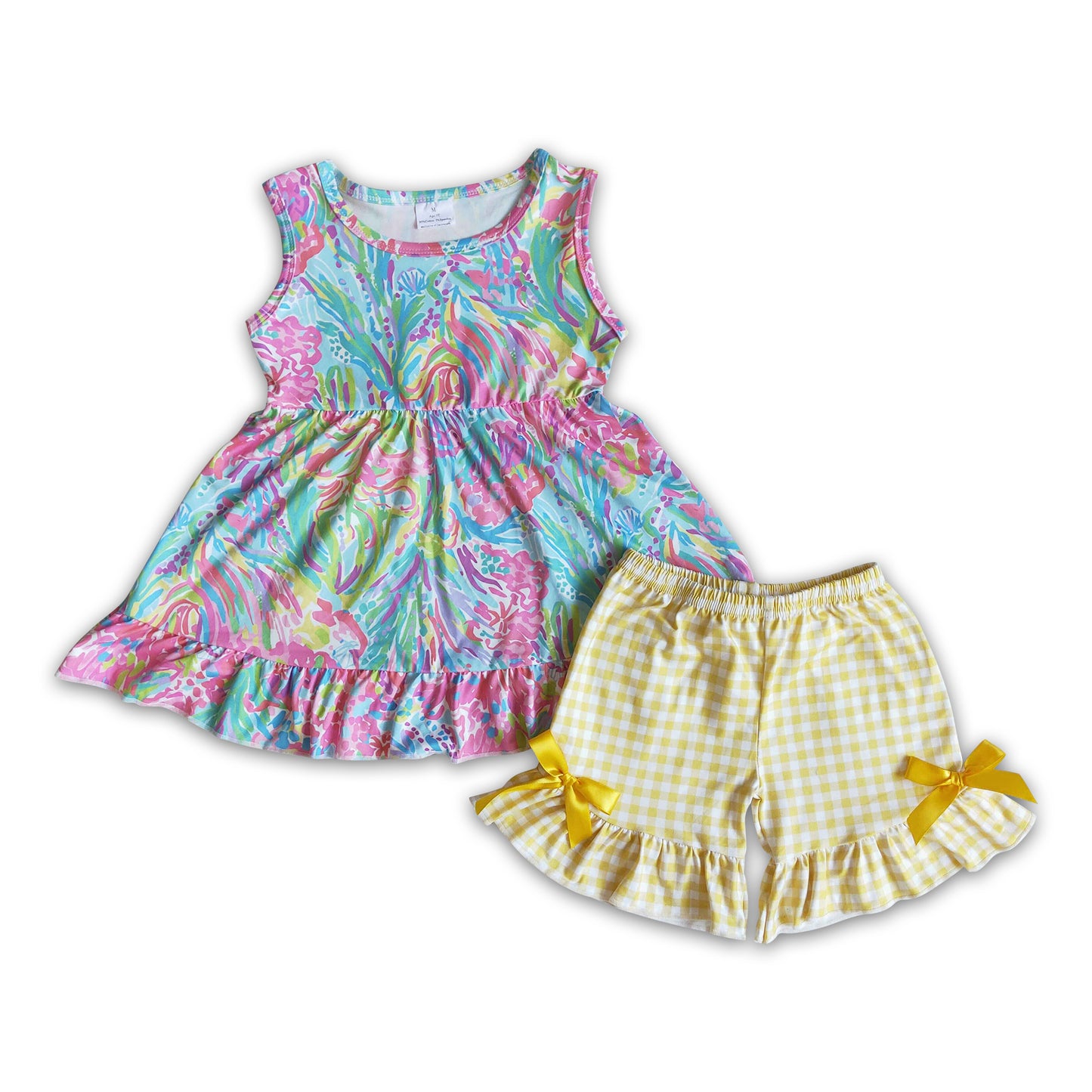 Colorful sleeveless tunic plaid shorts girls summer clothing
