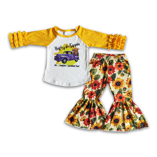 Heifer shirt match sunflower bell bottom pants girls outfits