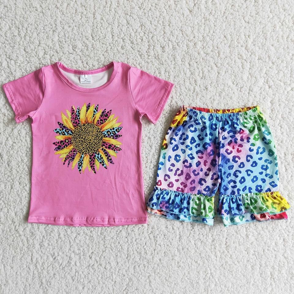 Tie dye leopard sunflower shirt match shorts girls summer clothing