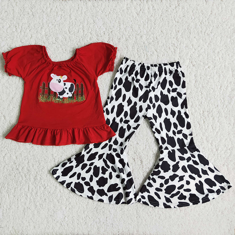 Girl Cow Embroidery Leopard Outfit