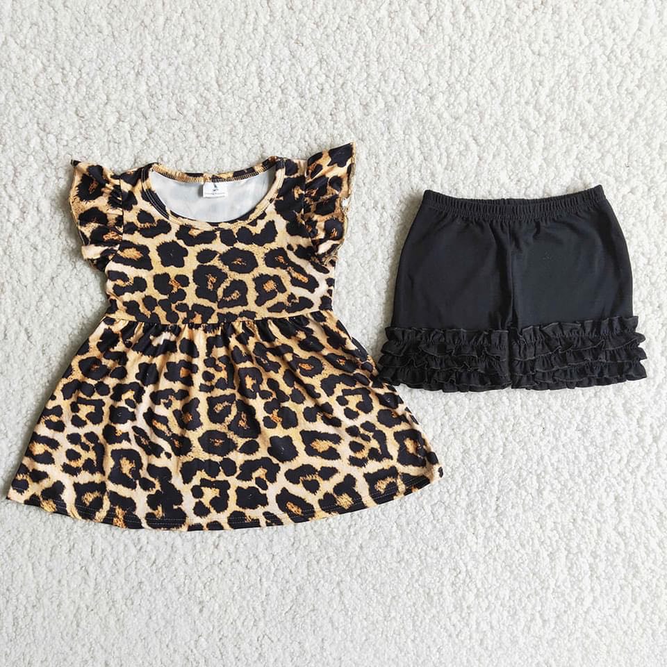 Leopard flutter sleeve tunic ruffle shorts girls outfits