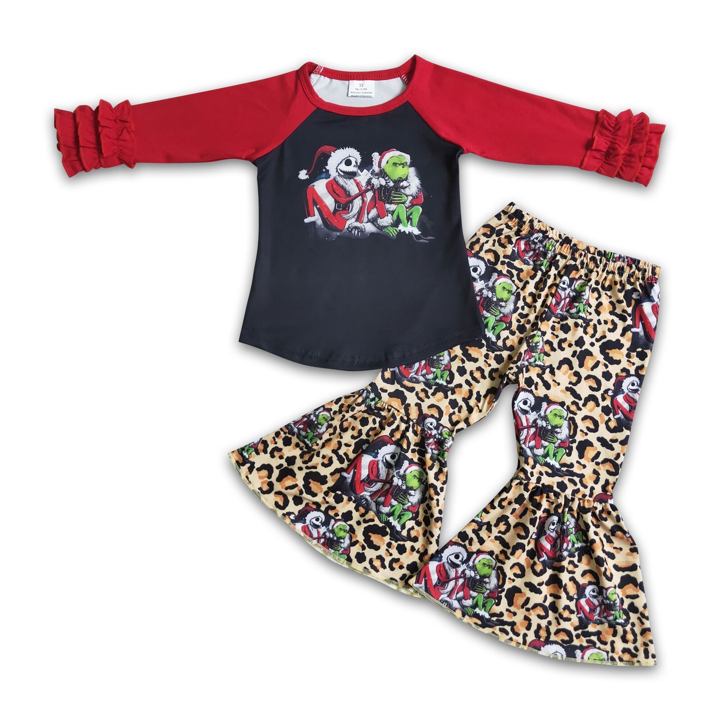 Red long sleeve green face shirt leopard pants girls Christmas outfits