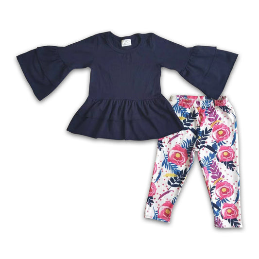 Navy cotton top floral leggings baby girls clothing