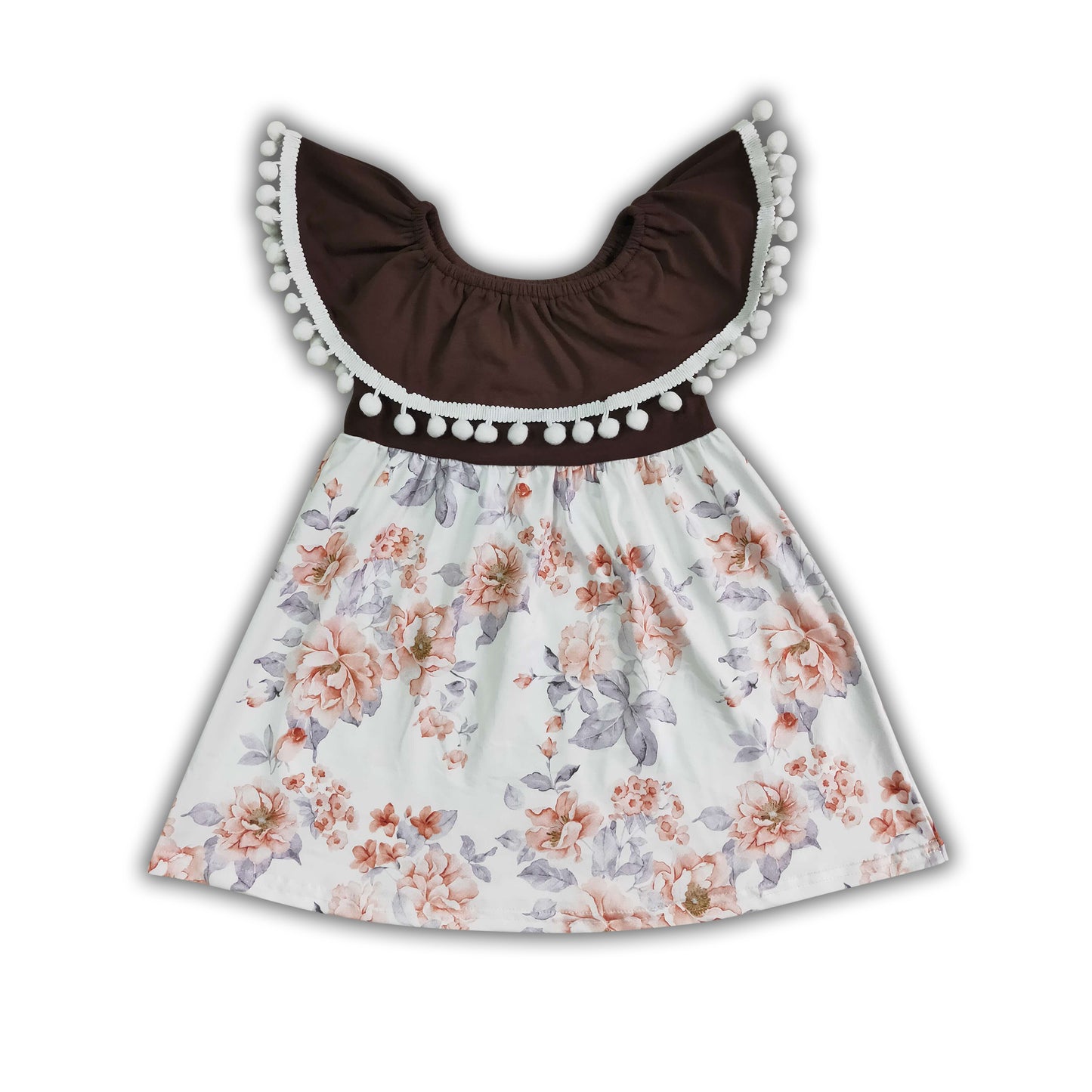 Pom pom brown floral kids girls summer dresses