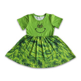 Green face screen print baby girls Christmas dresses