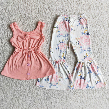 Girl Solid Floral Bell Bottom Outfit