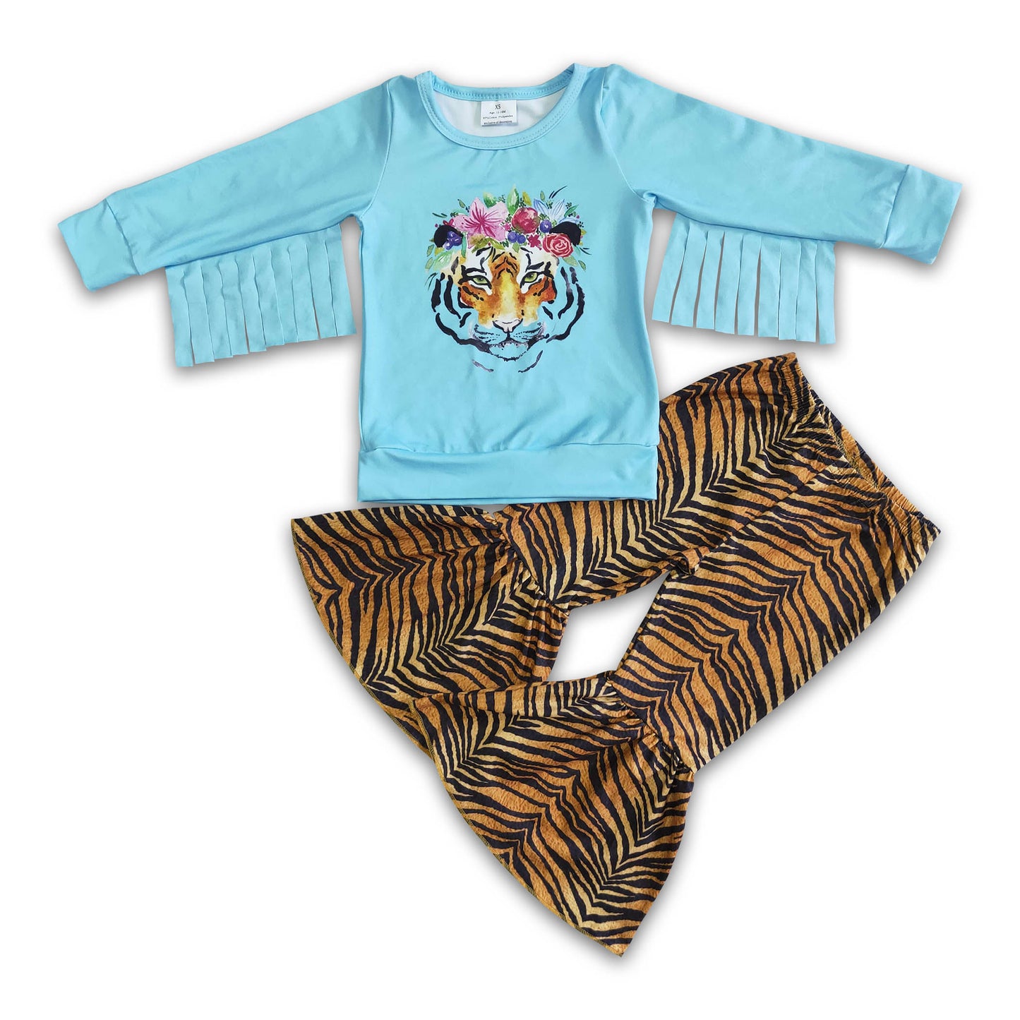 Tiger print tassels long sleeve shirt pants girls clothing set