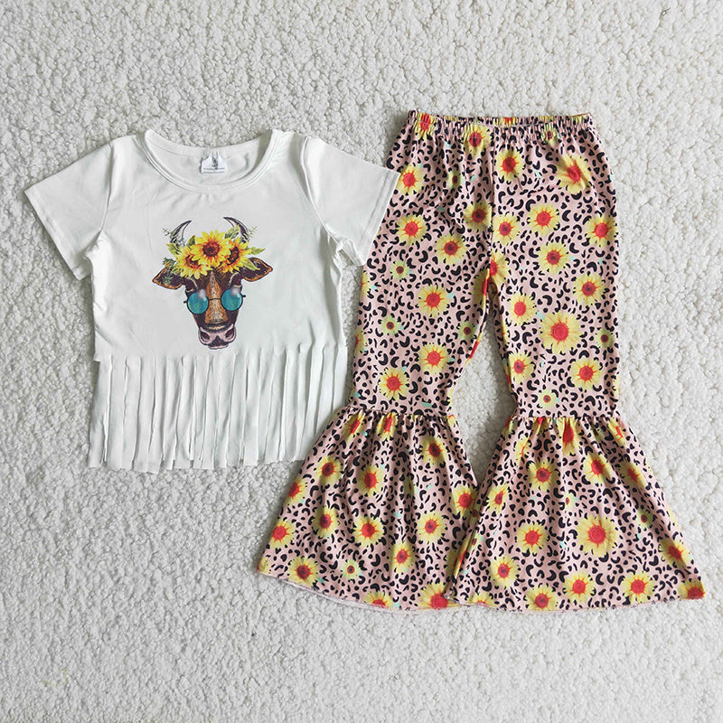 Girl Cow Head Sunflowers Outfit