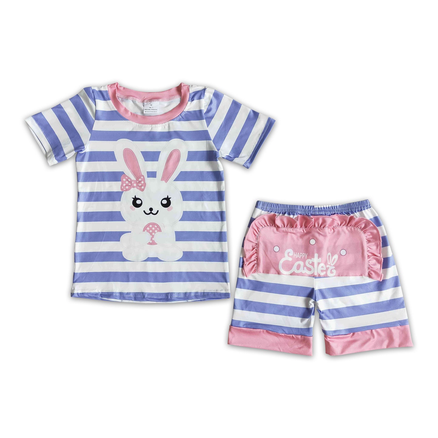 Stripe bunny print shirt shorts baby girls easter pajamas