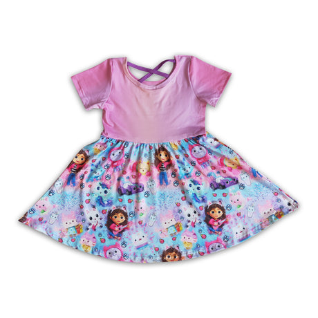 Short sleeve cute cat print baby girls twirl summer dresses