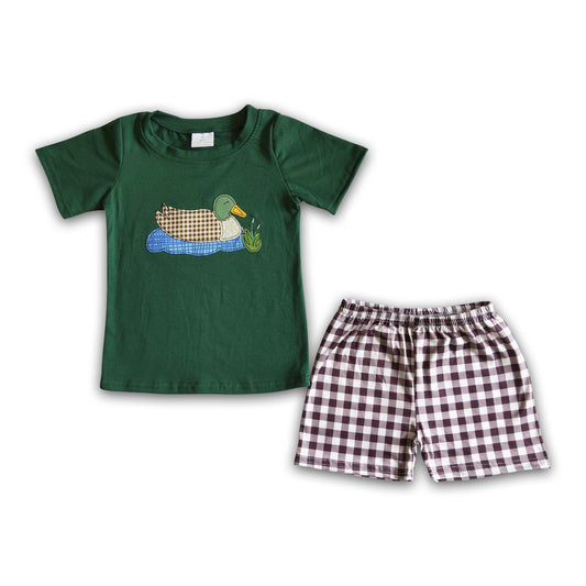 Duck embroidery cotton shirt plaid shorts boy summer clothes