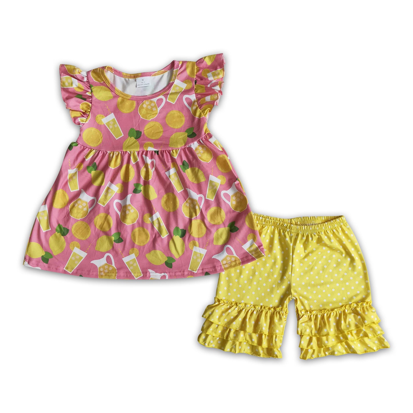 Lemon flutter sleeve polka dots ruffle shorts girls summer outfits