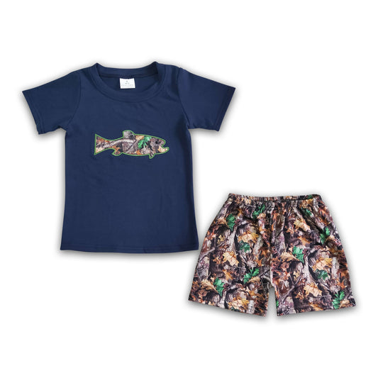 Fish embroidery cotton shirt camo shorts boy summer clothing