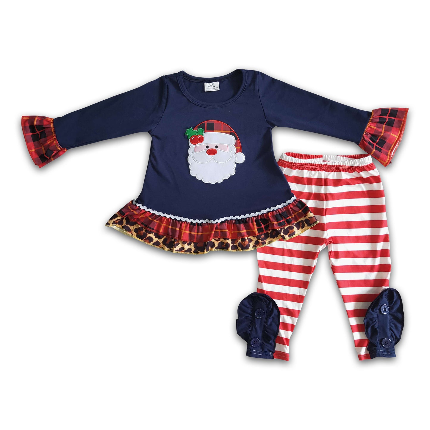 Navy cotton santa embroidery girls Christmas outfits