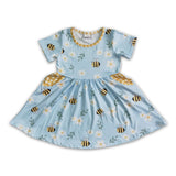 Short sleeve floral bees pocket girls summer twirl dresses