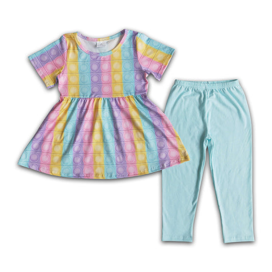 Colorful bubbles short sleeve tunic blue leggings girls clothing set