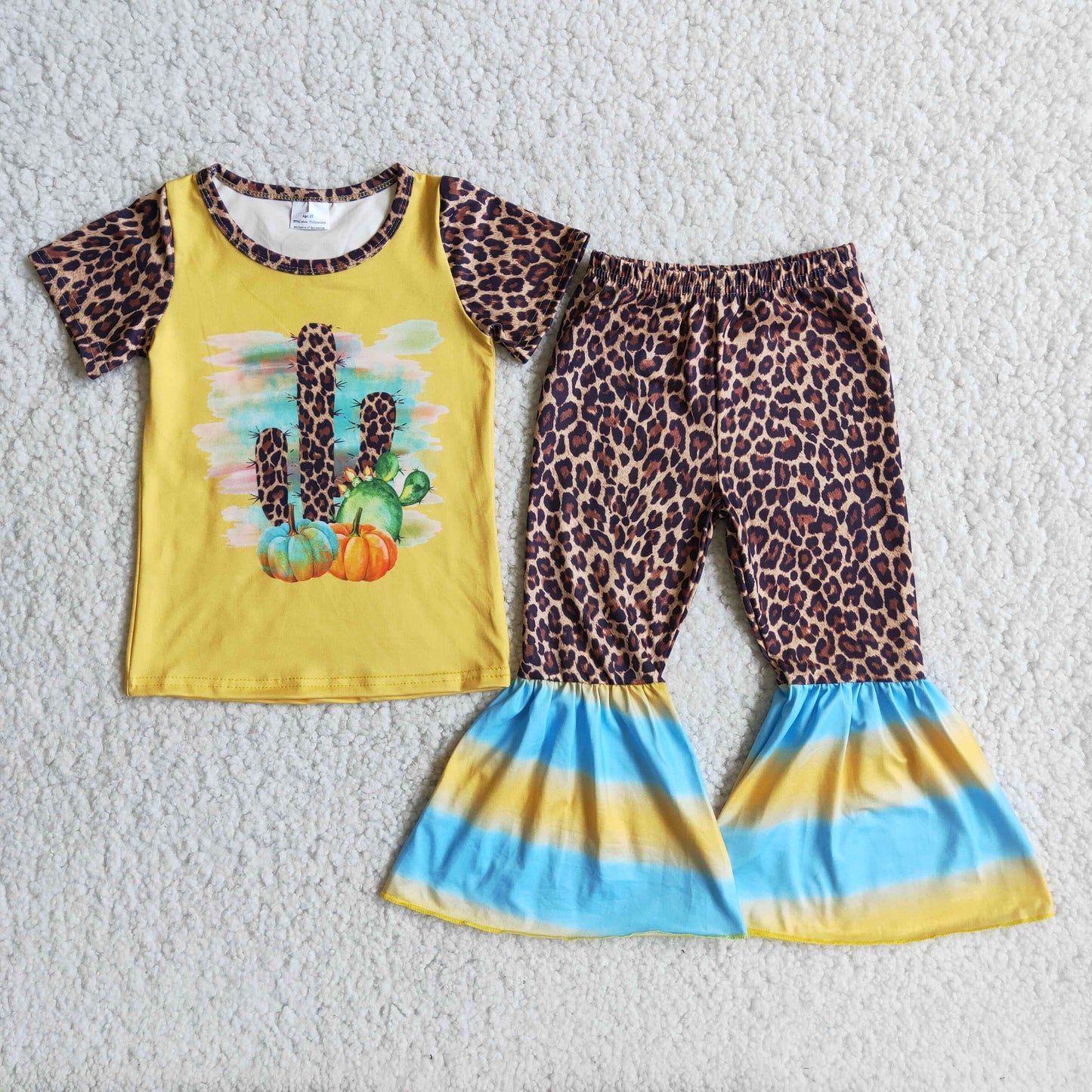 Girl Cactus Leopard Bell Bottom Outfit