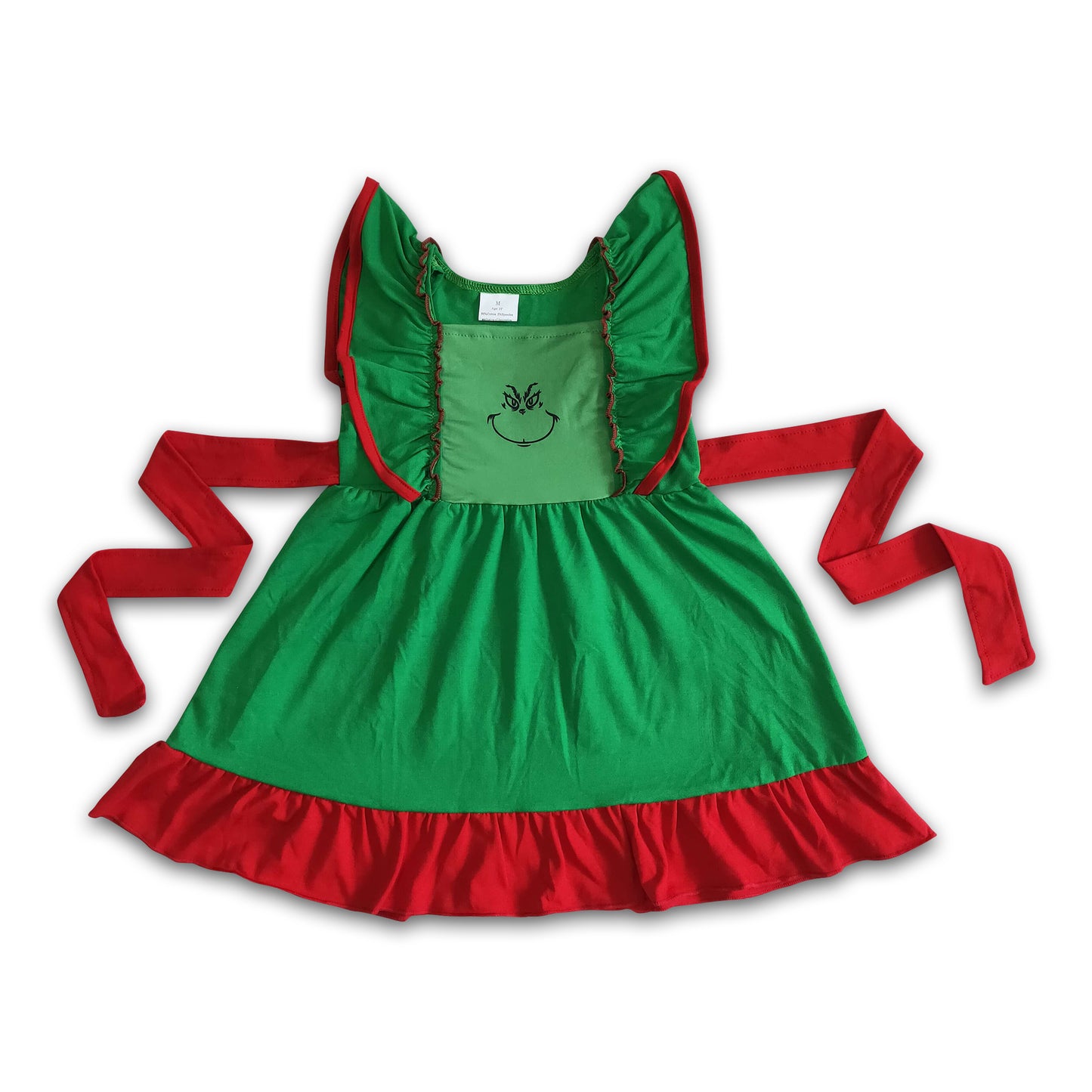 Green face solid flutter sleeve girls Christmas dresses