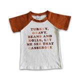 Turkey casserole screen print brown short sleeve boy thanksgiving raglan