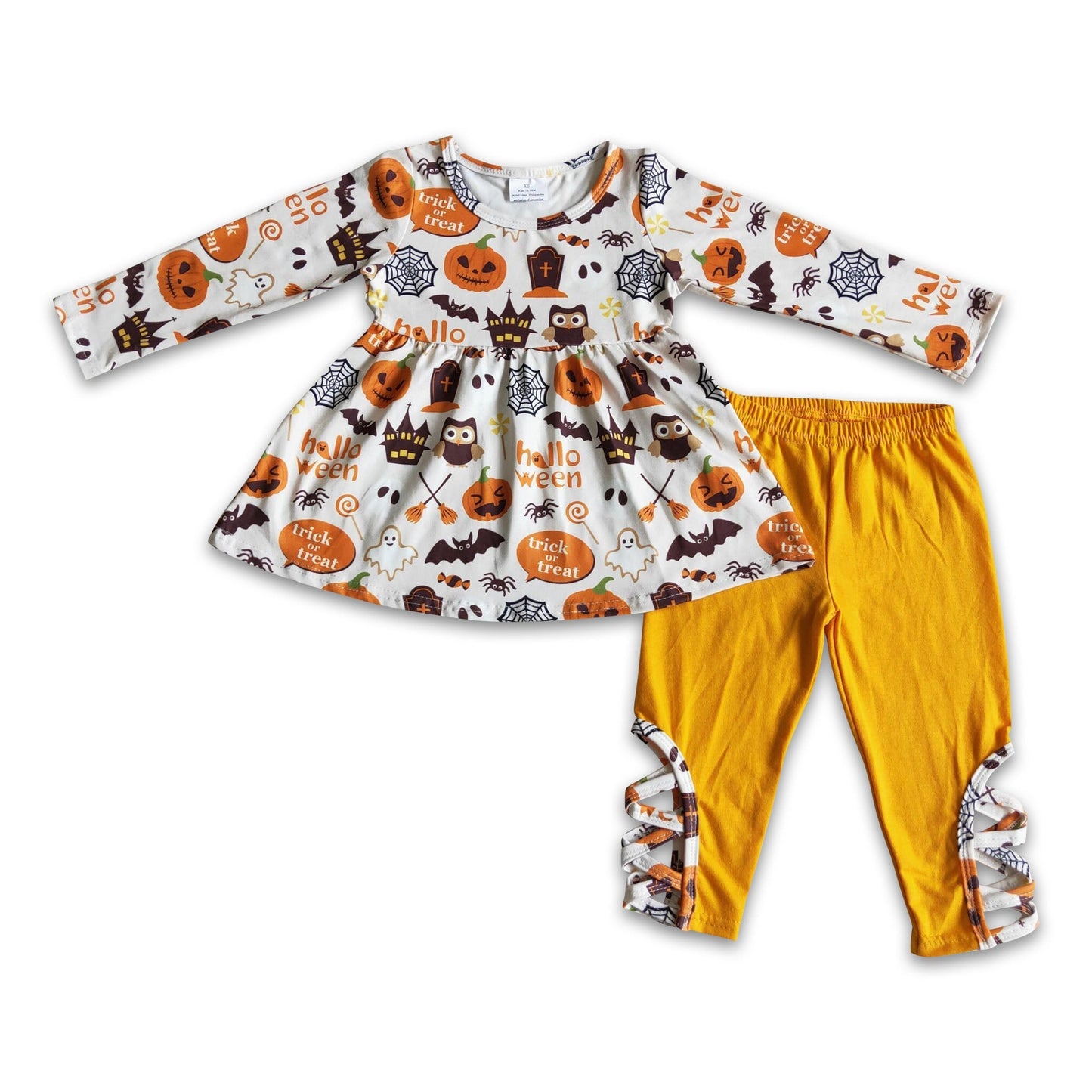 Long sleeve pumpkin tunic solid criss cross leggings Halloween clothing