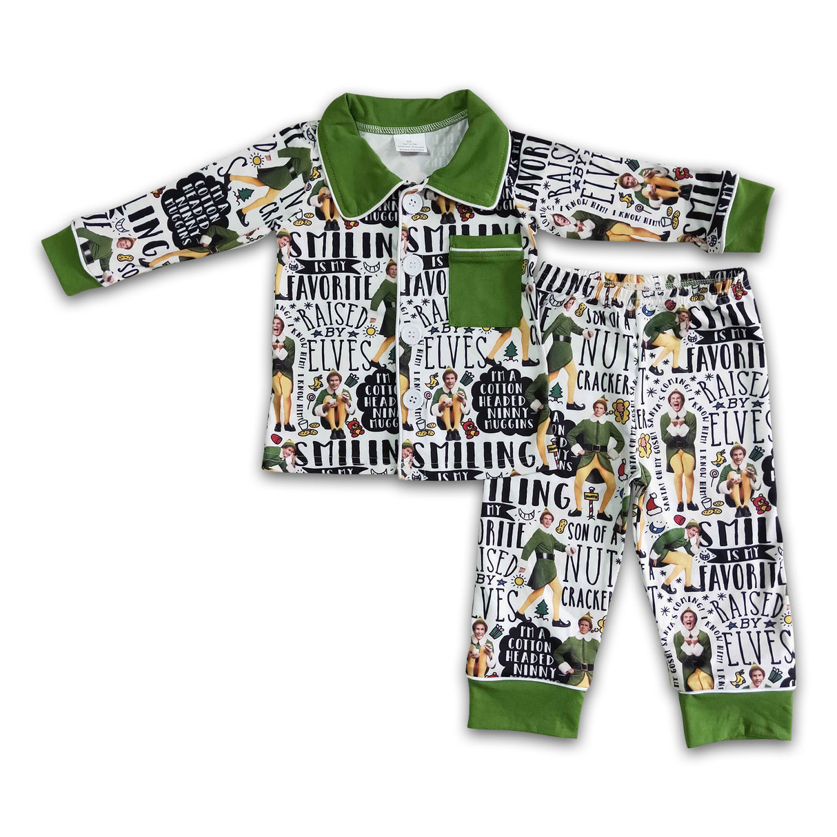 Green long sleeve pocket naughty and nice boy Christmas pajamas