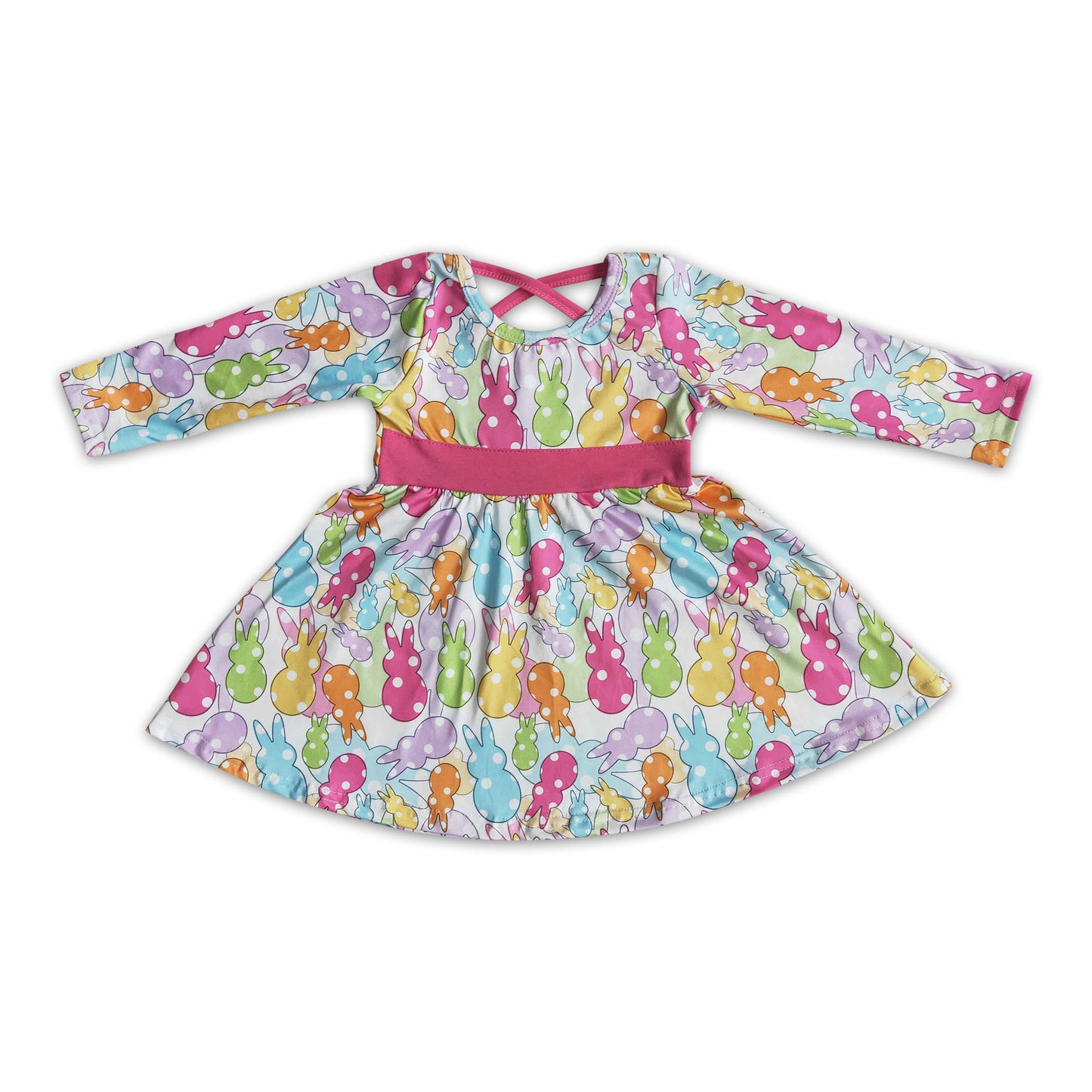 Colorful bunny long sleeve girls twirl easter dresses