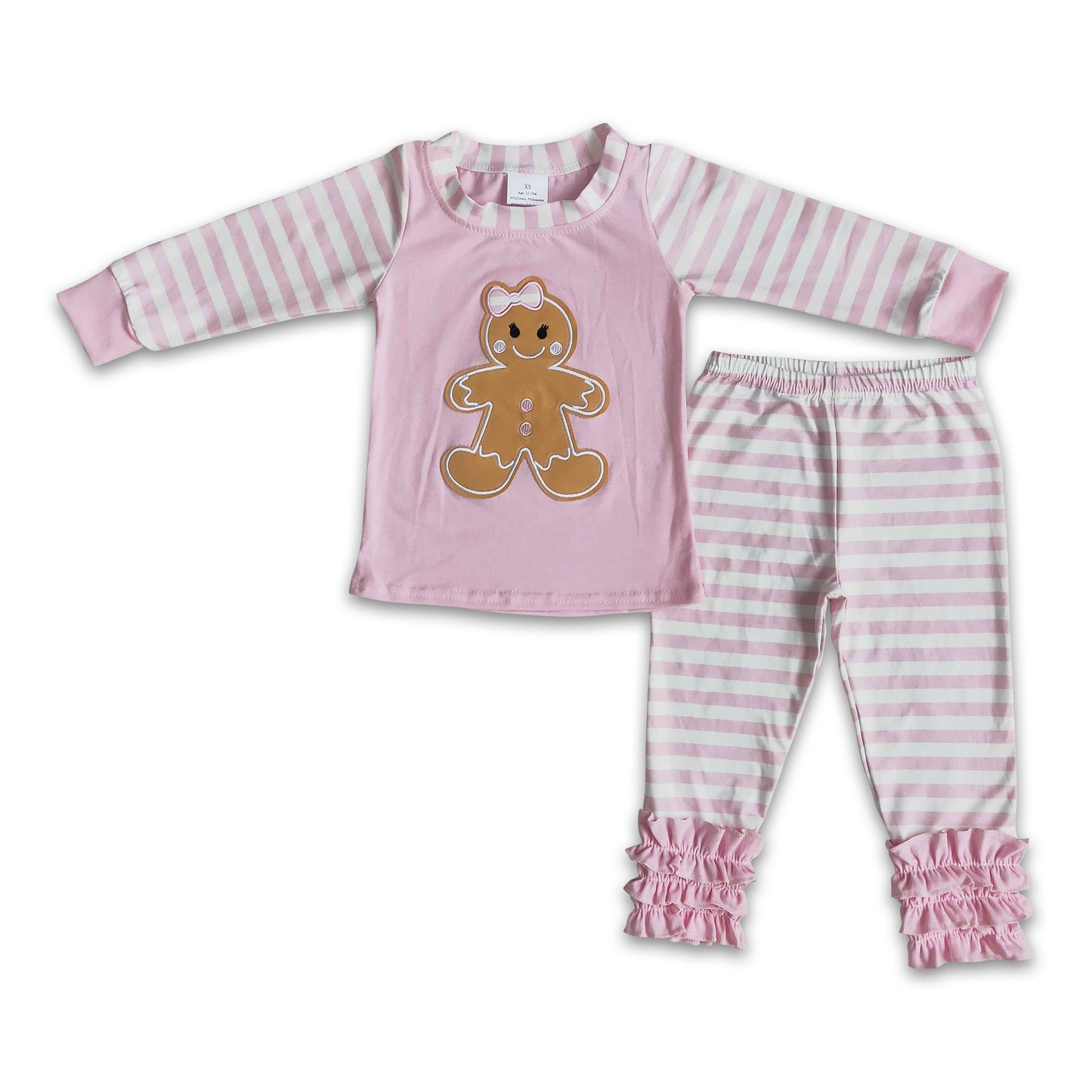 Pink gingerbread embroidery stripe girls Christmas pajamas