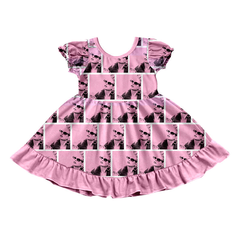 MOQ  3 Short sleeves pink patchwork ruffle singer girls dress