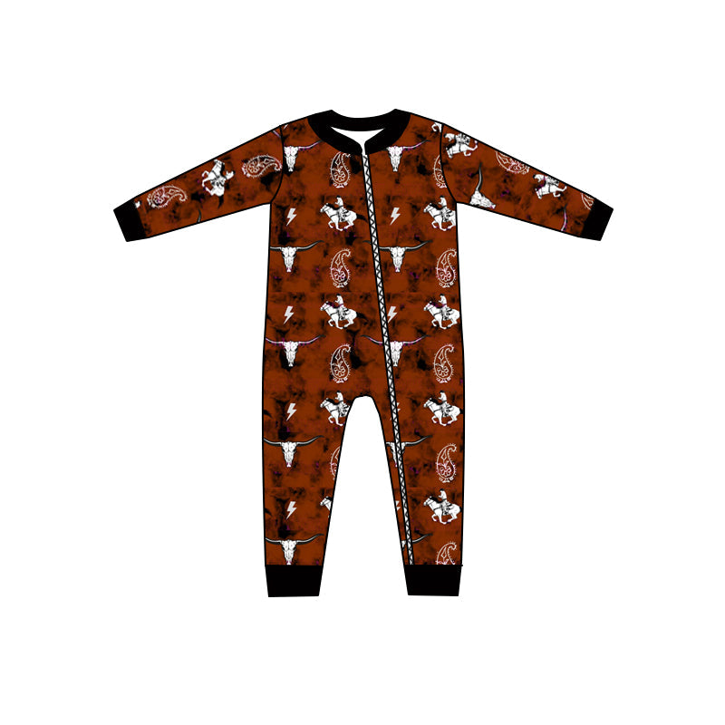 MOQ 5 PCS Brown bull skull rodeo baby western zipper romper