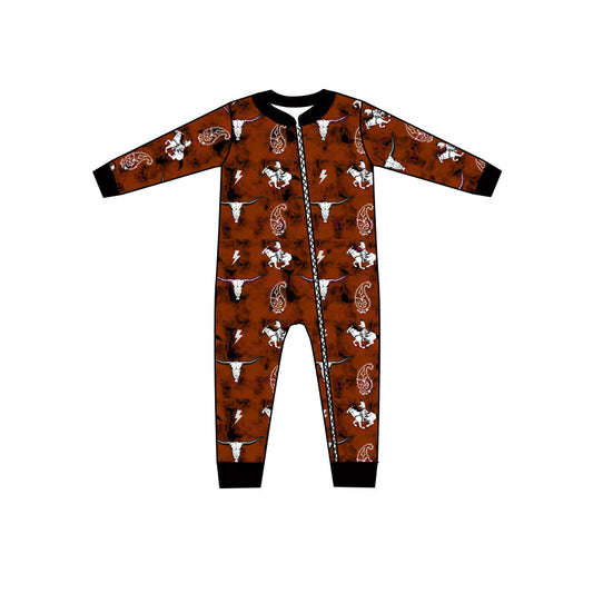 MOQ 5 PCS Brown bull skull rodeo baby western zipper romper