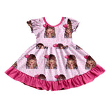MOQ  3 Short sleeves pink heart ruffle singer girls dress