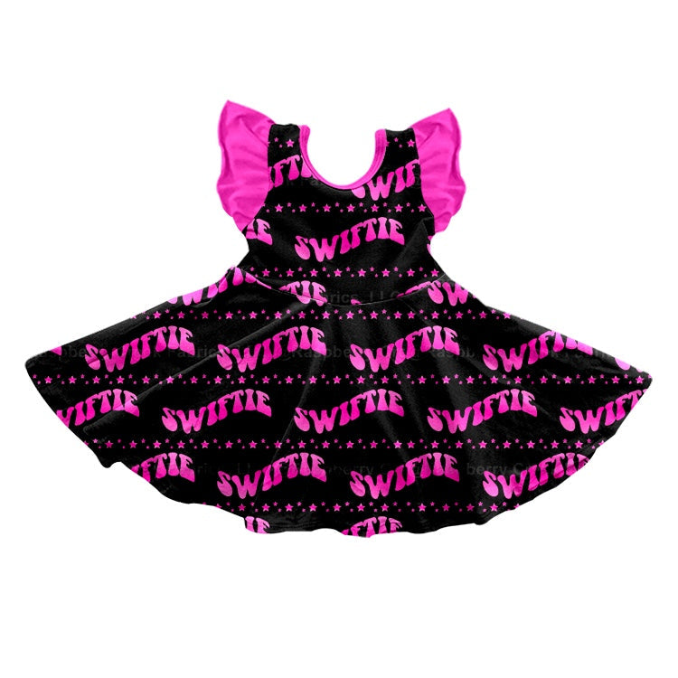 MOQ  3 Flutter sleeves black hot pink girls ears singer dress