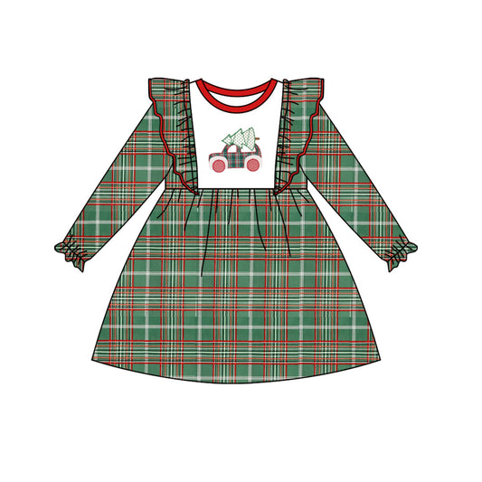 MOQ 5 Christmas tree car plaid long sleeves girls dress