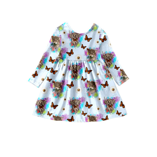 MOQ 5 PCS highland cow butterfly baby girls dress