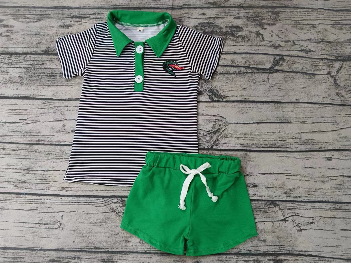 MOQ 3 pcs black stripe polo shirt green shorts boy team clothes