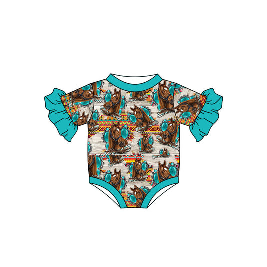 MOQ 5 PCS Horse turquoise short sleeves baby romper