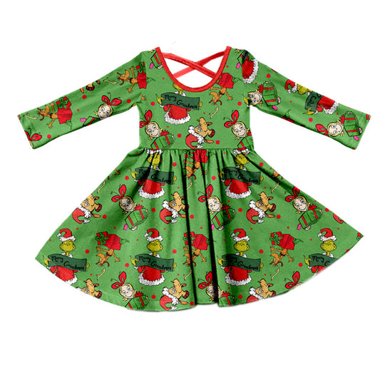 MOQ 5 merry Christmas green face gift girls dresses