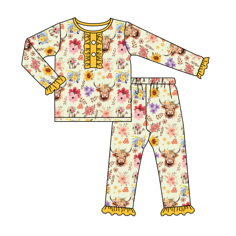 MOQ 5 yellow floral highland cow girls pjs