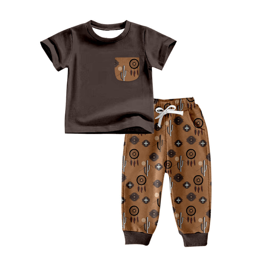 MOQ 5 feather cactus brown pocket kids boy outfits