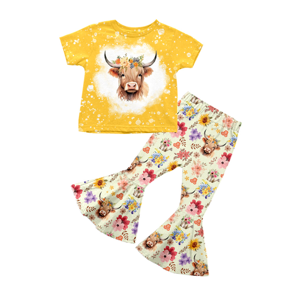 MOQ 5 yellow floral highland cow kids girls outfits