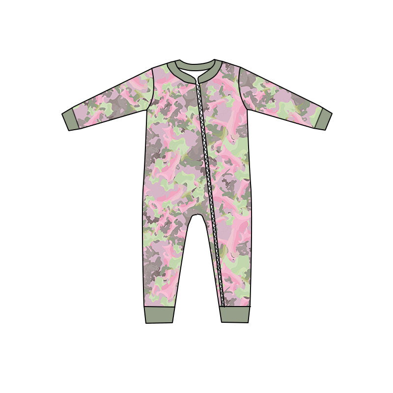 MOQ 5 PCS pink green camo baby girls zipper romper