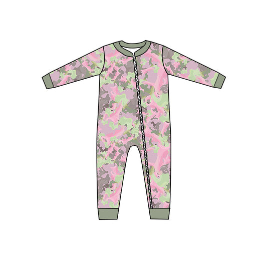 MOQ 5 PCS pink green camo baby girls zipper romper