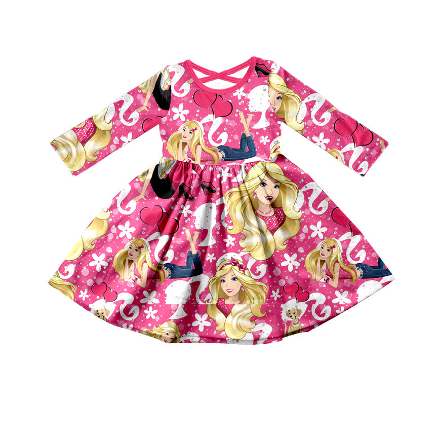 MOQ 5 hot pink heart long sleeves party girls dresses