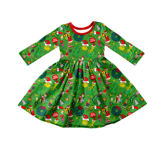 MOQ 5 green face jingle bell girls Christmas dresses