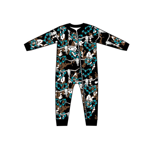 MOQ 5 PCS turquoise bull skull baby kids zipper romper