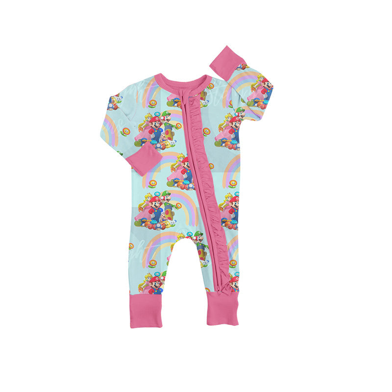 MOQ 5 PCS pink rainbow game baby girls zipper romper