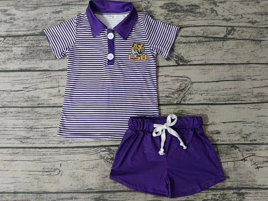 MOQ 3 pcs tiger purple stripe polo shirt shorts boy team clothes