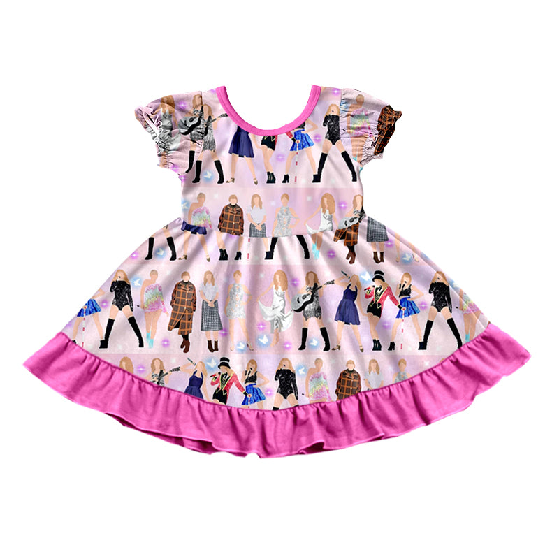 MOQ  3 Short sleeves pink ruffle singer girls dresses